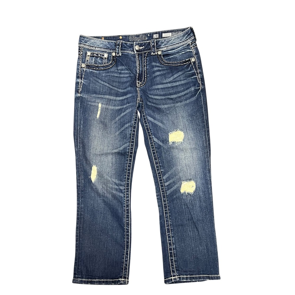 Miss Me Boyfriend Capri Womens 28 Blue Distressed Embellished Y2K Western Glam